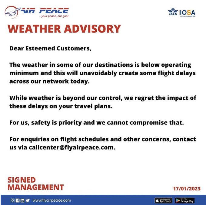 Airpeace Weather Advisory: 17/01/2023